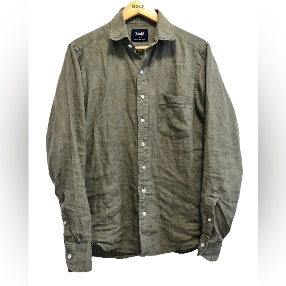 Drakes London Men's Olive Green Casual Shirt Linen Medium